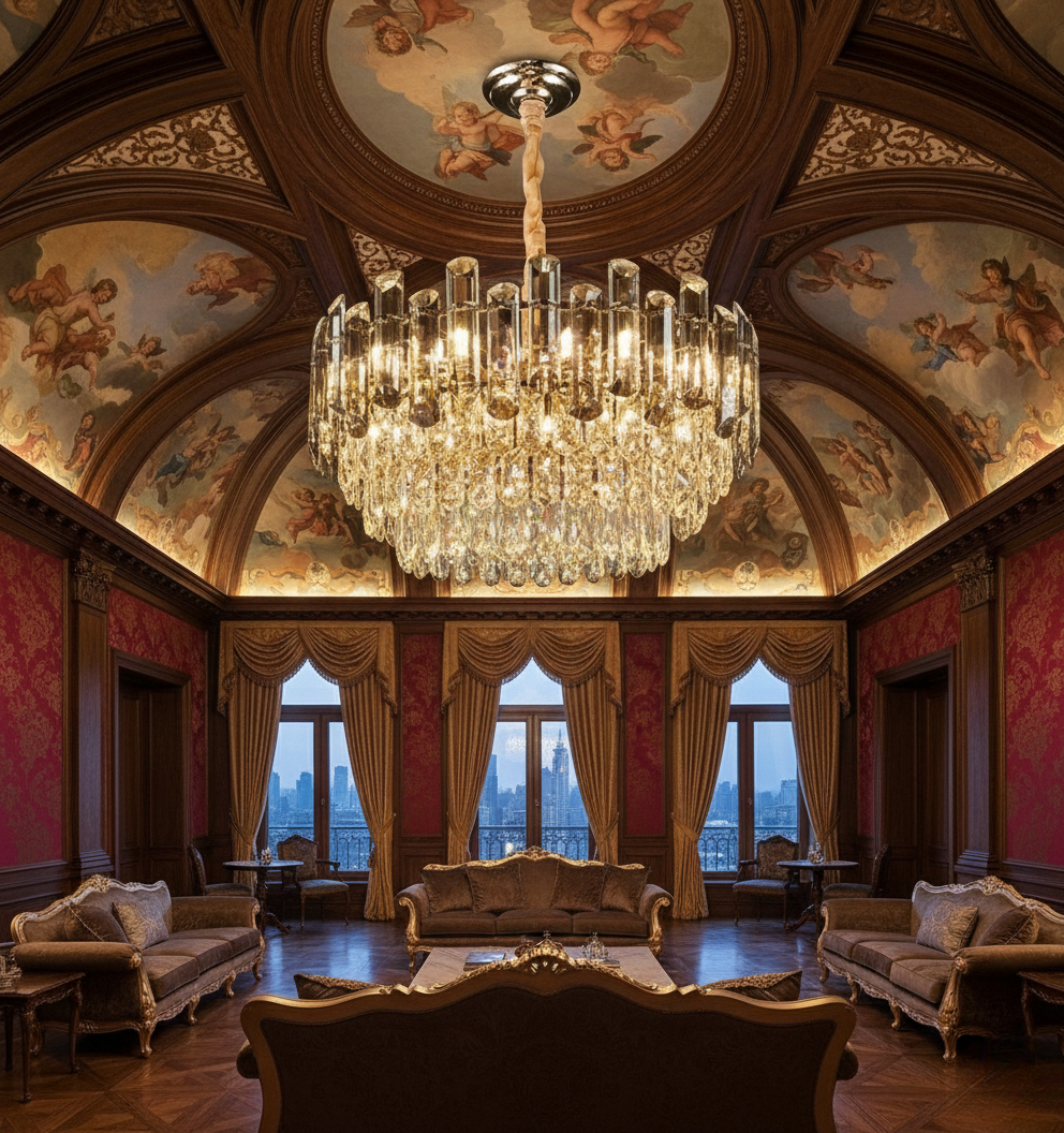 French Luxury Crystal Pendant Light with Copper Frame